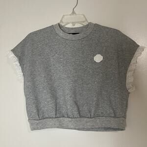 Maje Tonnerre Lace Trim Gray cropped Sweatshirt top size 2 medium